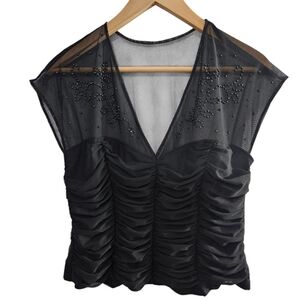 J.R. Nites By Caliendo Elegant Black Ruched Women's Top Short Sleeve